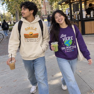 Friends wearing different Smile hoodies and crewnecks in an everyday moment.