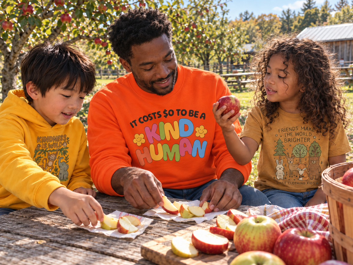 Dad and two children wearing different Smile designs during a family picnic