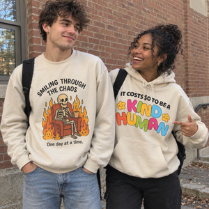 Friends wearing different Smile hoodies and crewnecks in an everyday moment.